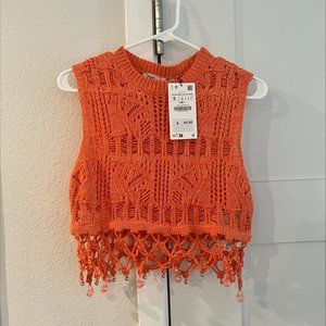 Zara Orange Beaded Crochet Knit Top Size SMALL